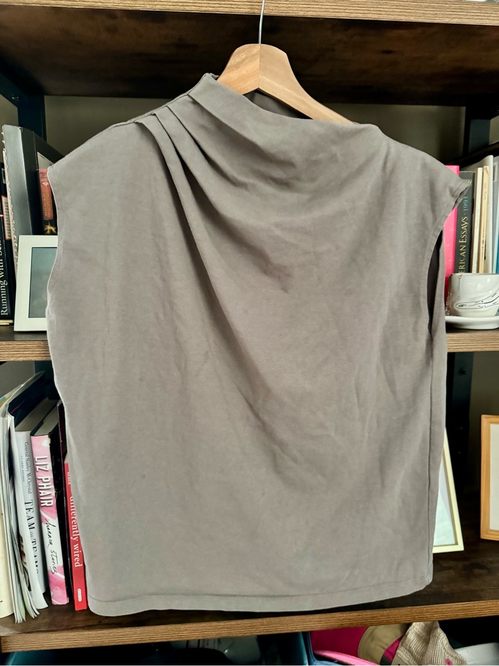 Zara Taupe Gray Asymmetric Draped Pleated Sleeveless Top Size L